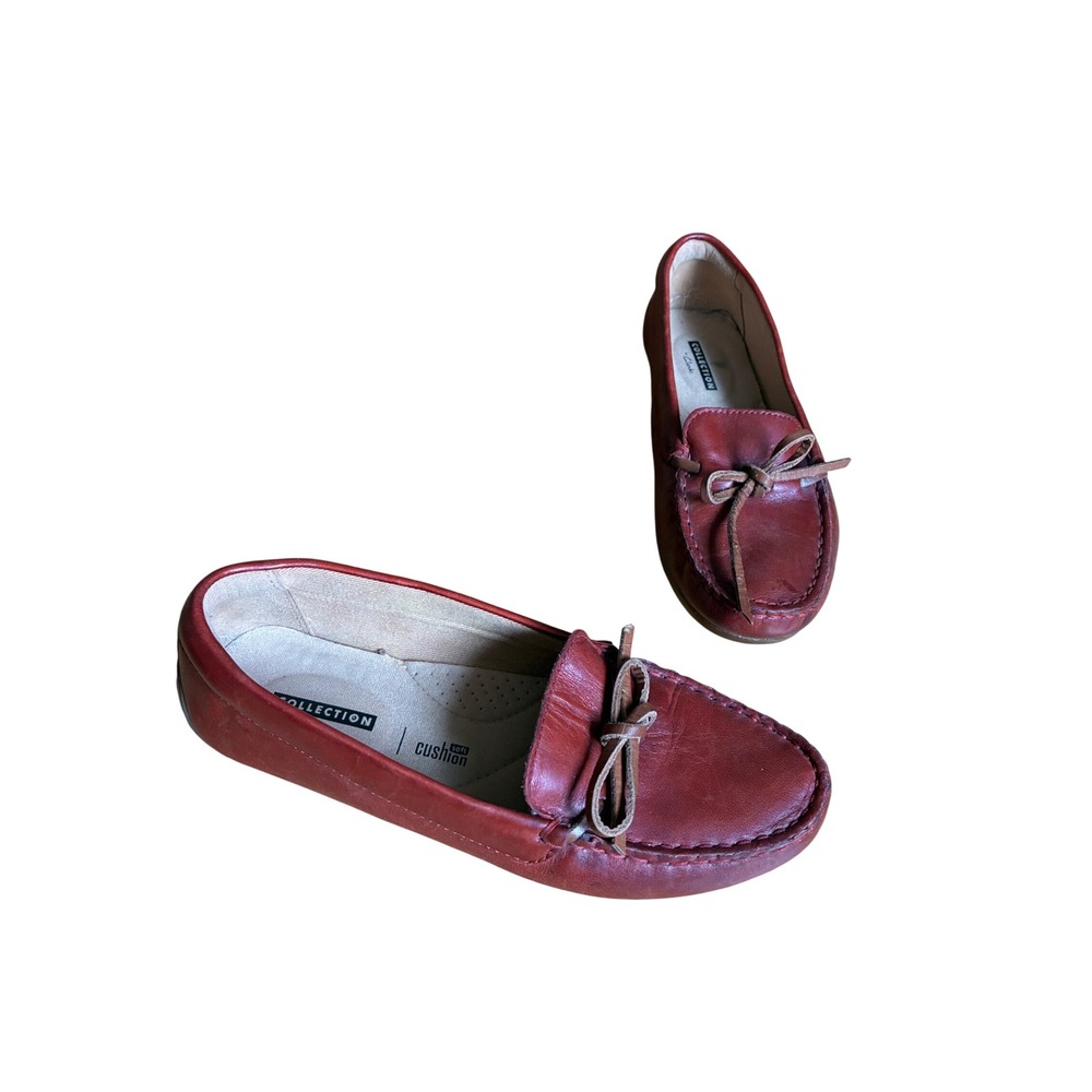Clarks Collection Red Leather Driving Loafers 6 Cushion Soft Bow Slip On Shoes